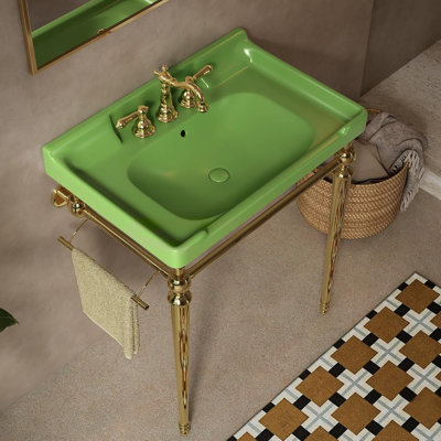 28"Console Bathroom Sink,Freestanding Console Sink With Gold Legs, Bathroom Vanity with 3 Tap Holes,Green Basin