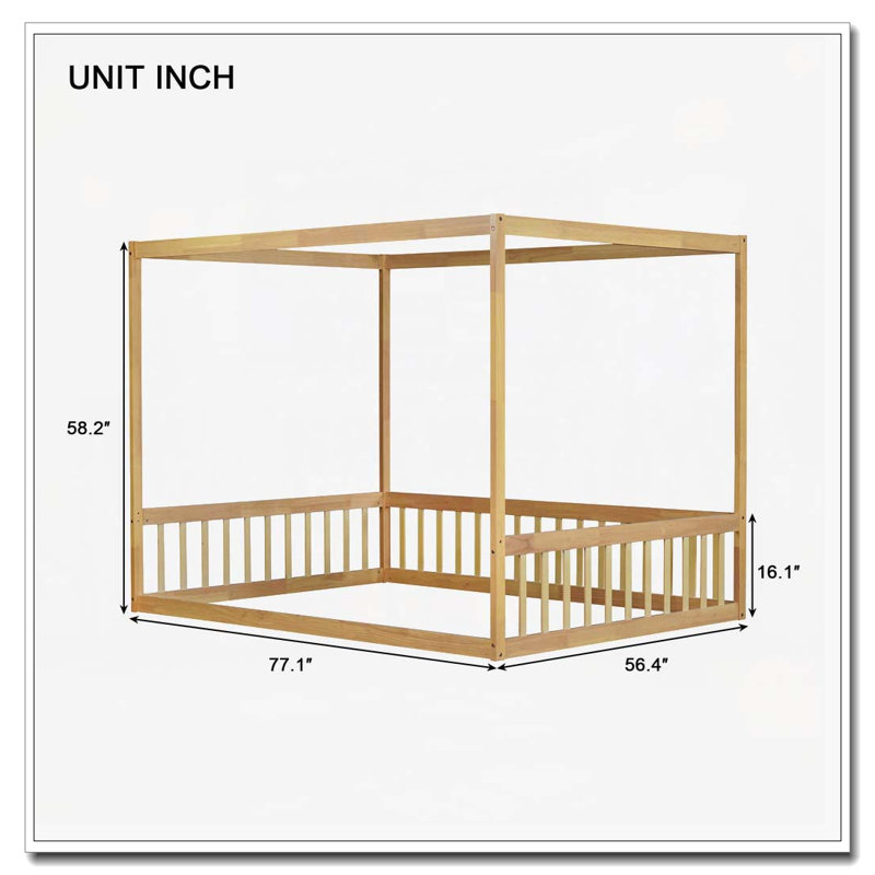Lit en bois d'hévéa avec clôture Canopy, Naturel