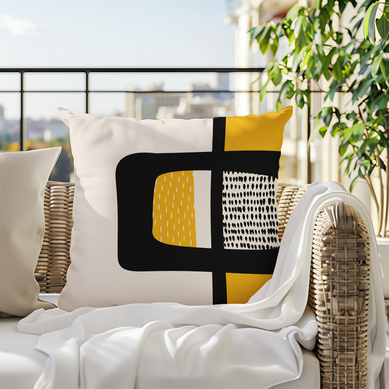 Coussin carré intérieur / extérieur pia, H 15 po x l 15 po, Jaune / noir / blanc cassé