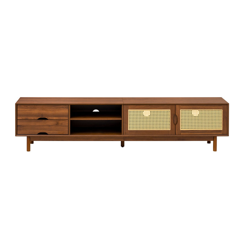 Meuble télé 78 po Mid-Century avec panneaux avant en rotin pour téléviseurs de 85 po ou moins (noyer)