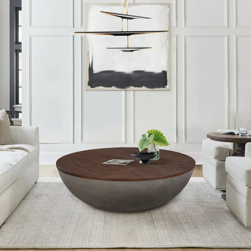 Mitton 48" Wide Round Coffee Table In Concrete And Brushed Oak Wood, Brown