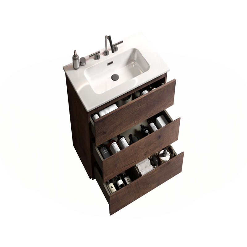 Meuble-lavabo moderne autoportant avec grand rangement et caractéristiques haut de gamme, Noyer
