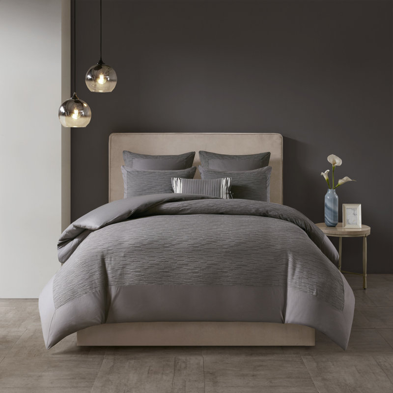 N Natori Hanae Grey 100% Cotton Blend Yarn Dyed 3-Piece King/Cal King Comforter Set, King/Cal King Comforter + 2 King Shams