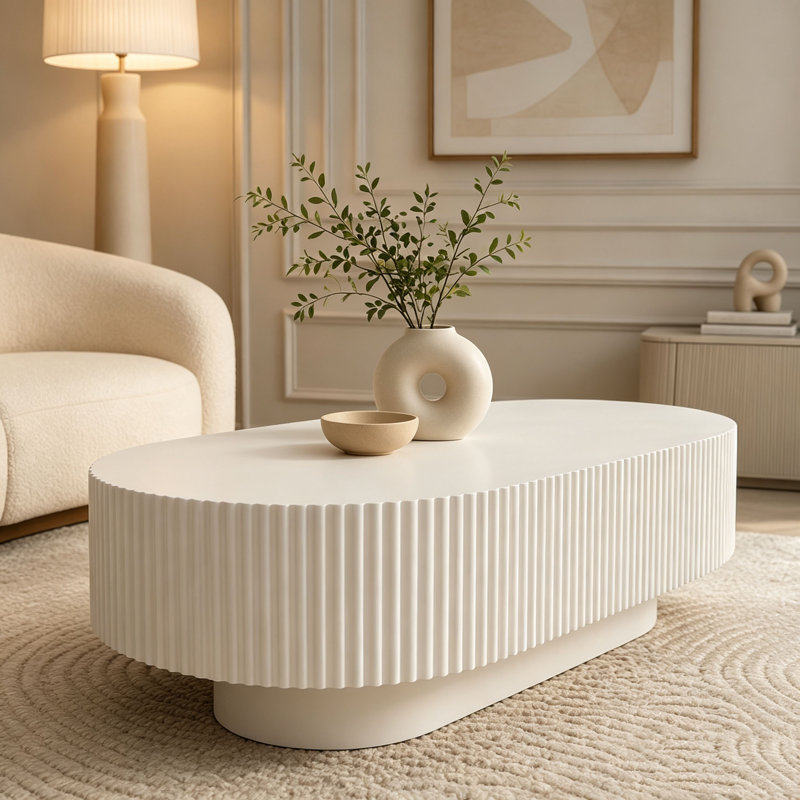 Table basse ovale avec un design cannelé et un assemblage facile, style moderne, L 48,4 po, Blanc