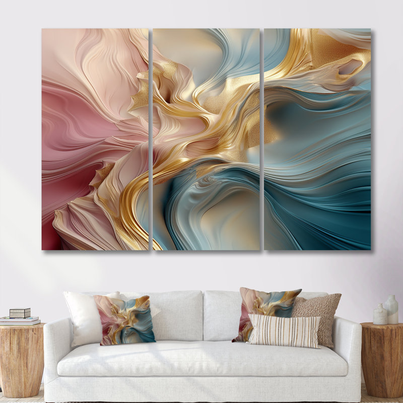 «Ruisseaux liquides», ensemble d'art mural abstrait vagues modernes, Toile tendue, H 40 po x l 60 po x P 1 po