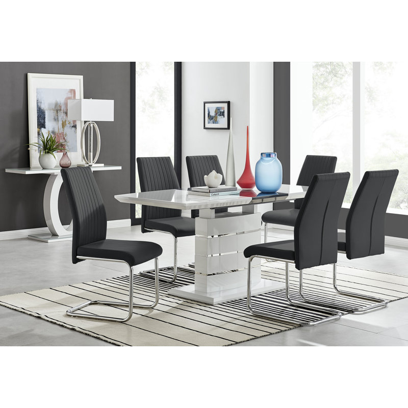 Renne Modern High Gloss Extendable Dining Table Set With 6 Upholstered Faux Leather Dining Chairs, Black