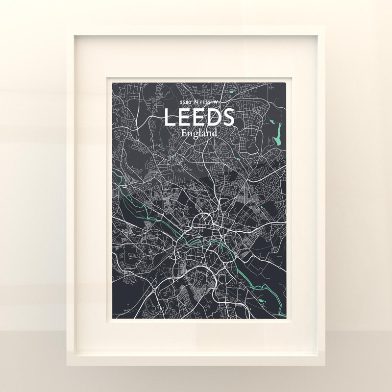 Carte de la ville de Leeds, impression, Vert / gris, H 20 po x l 16 po