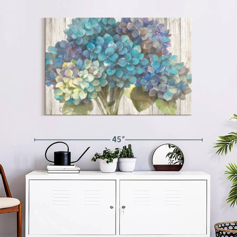 Harnek Turquoise Hydrangea On Barn Board, 26" H x 39" W