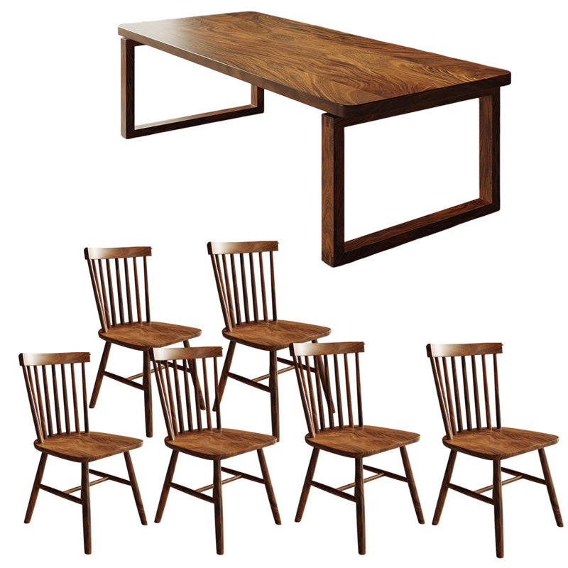 Simple modern home dining table 6 - Person Walnut Solid Wood Top Double Pedestal Base Dining Set