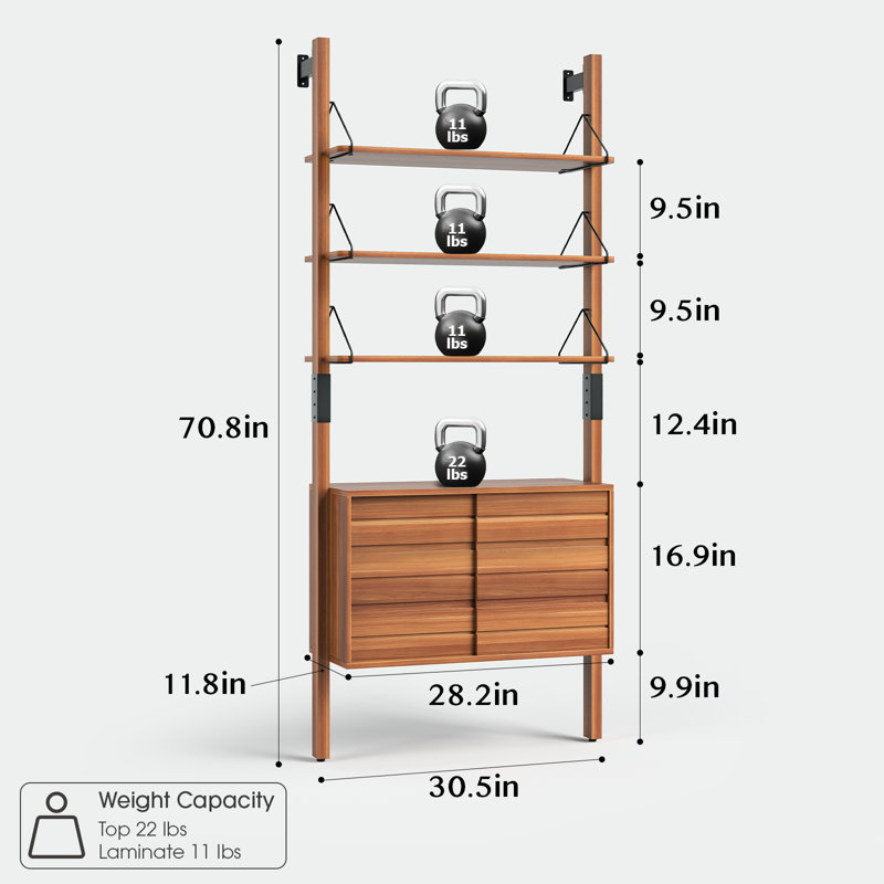 70.8'' Tall Ladder Bookshelf with Storage Cabinet, Wood and Metal Frame Wall Mounted Bookcase, 6 Tier Open Display Rack for Living Room, Bedroom, Home Office, Light Cherry