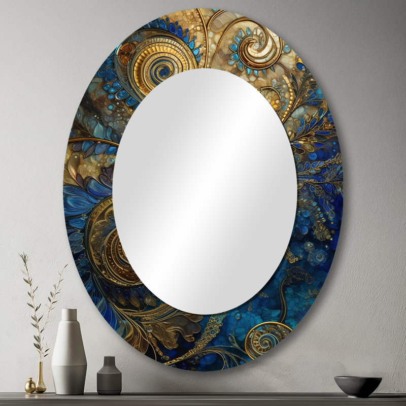 «Pratha Blue and Gold Melody Of Boho II», miroir mural décoratif en plumes, miroir, 36 po x 24 po, Ovale