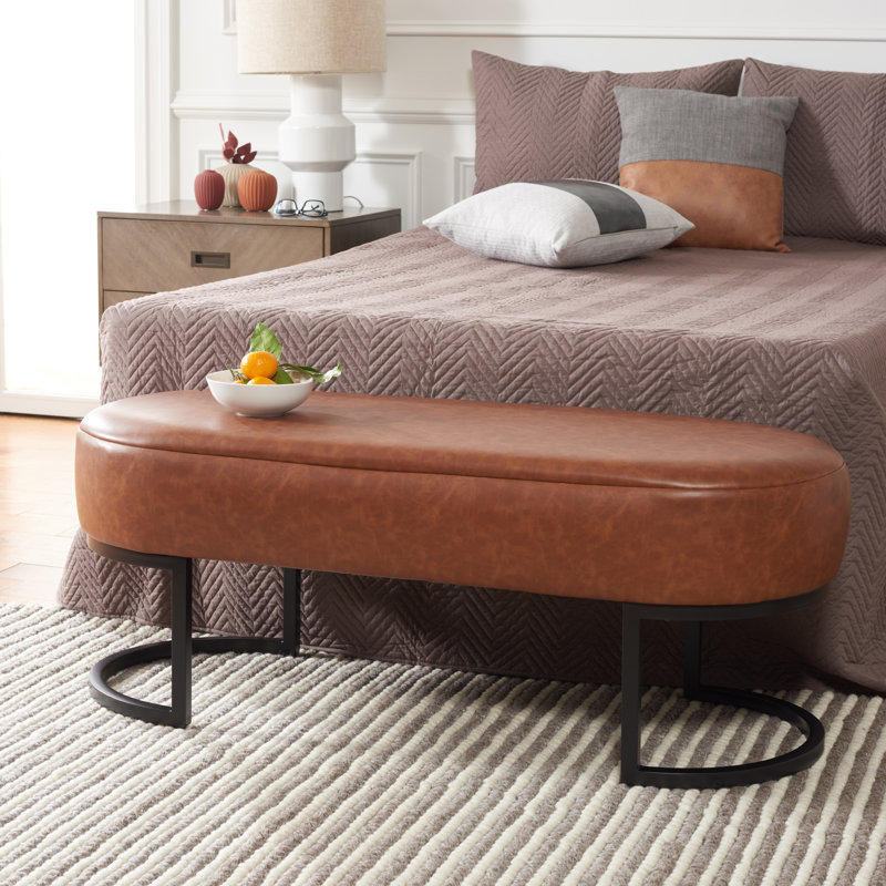 Faux Leather Upholstered Bench, Light Brown Faux Leather