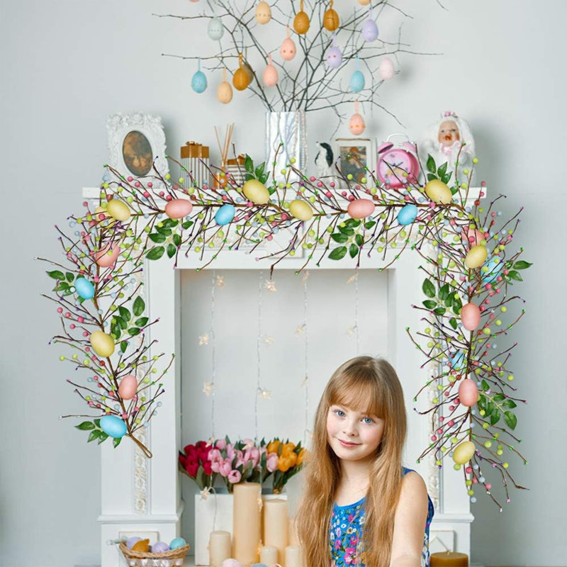 6 FT Long Artificial Easter Egg And Mixed Berry Garland Hanging Rustic Spring Garland Pastel Easter Garland Vine String For Easter Springtime Seasonal Decoration Wreath Making
