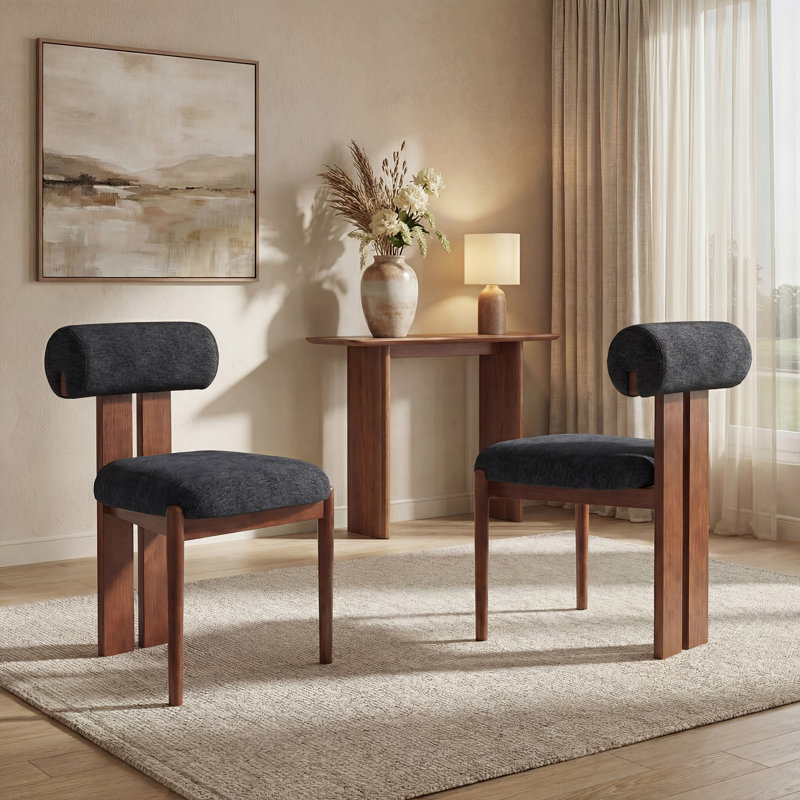 Mid-Century Modern Wooden Dining Chairs, Upholstered Fabric with Sculptural Backrest & Solid Wood Legs, Walnut, Dark Blue