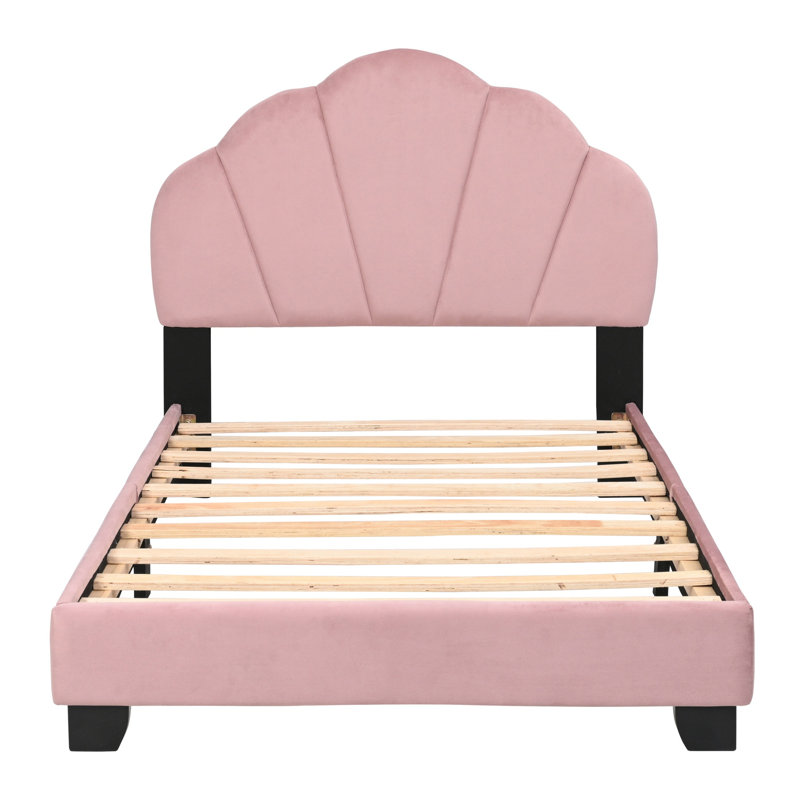 Lit plateforme tapissier simple pour enfants, base de lit en bois avec sommier à lattes, pas de sommier nécessaire, jolie base de lit avec tête de lit à motif de coquillages pour filles, garçons et adolescents