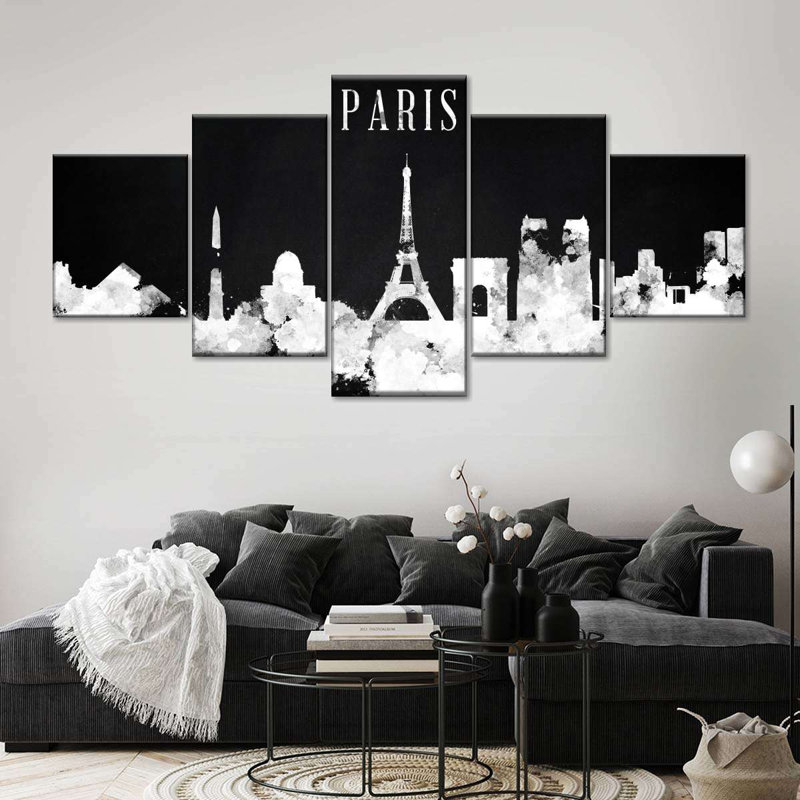 Paris City Paris Skyline BW 5 pièces, H 24 po x l 55 po x P 1,25 po