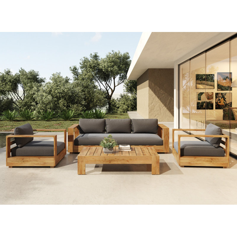 Santorini - Outdoor Grey Olefin Fabric + Natural Teak Sofa Set
