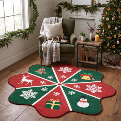 Contoured Christmas Area Rug, Reindeer Snowflake Non-Slip Holiday Floor Rug
