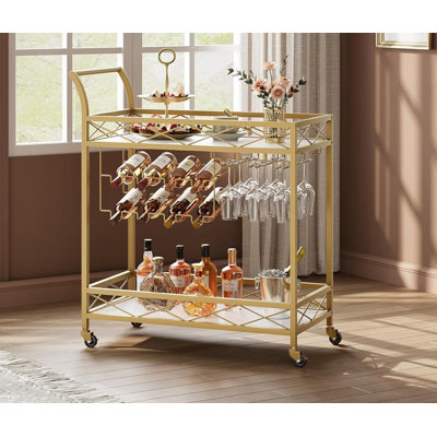 Bar Cart Gold, 2 Tier Bar Carts, With Wheels by Everly Quinn