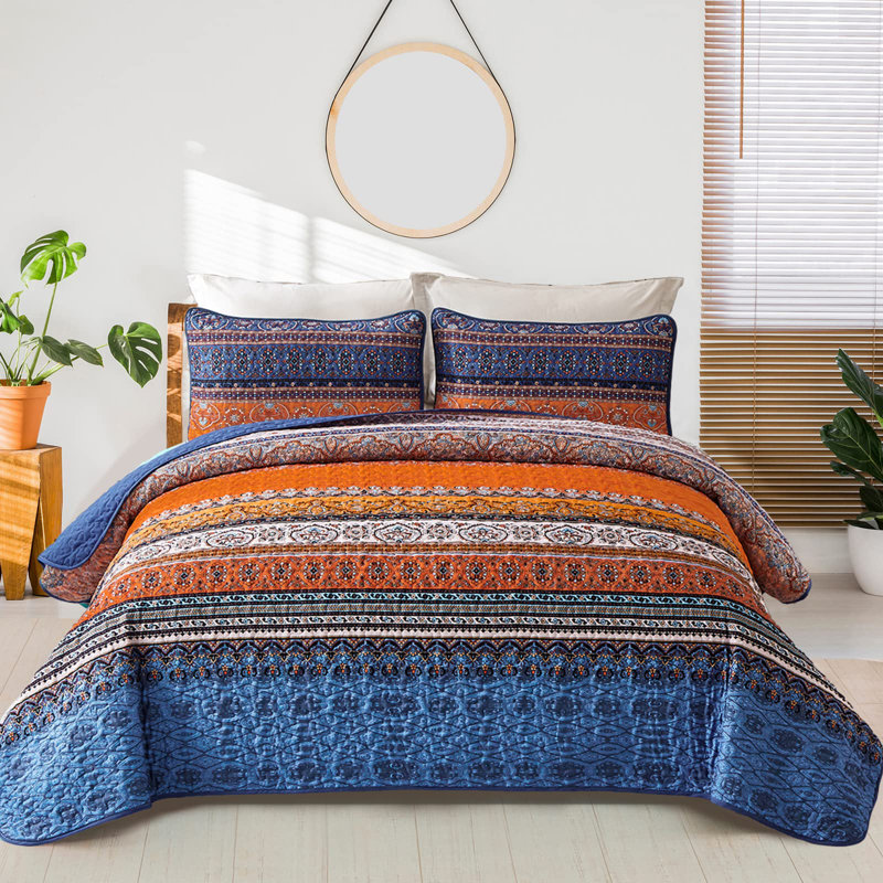 Set of 3 Boho Bohemian Quilt Set Lightweight Reversible Microfiber Bedspread Coverlet All Season Bed Decor, Blue/Orange