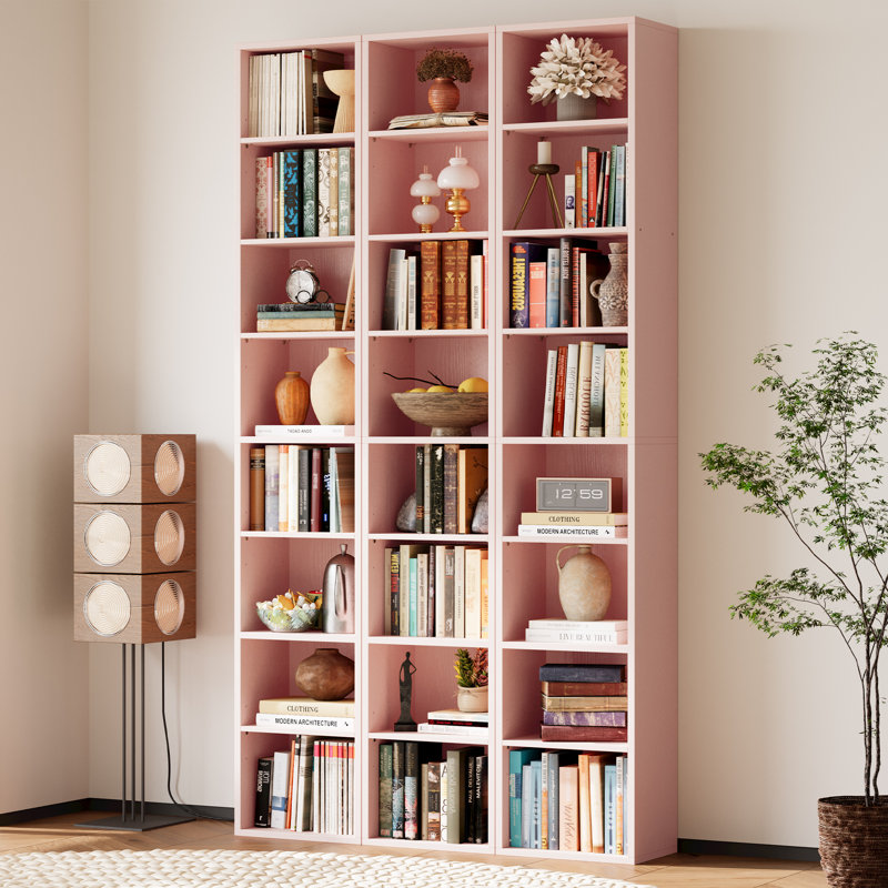Narrow Design Storage,8-layer Thin High Bookcase With Open Adjustable Shelves,cube Display Rack, Pink