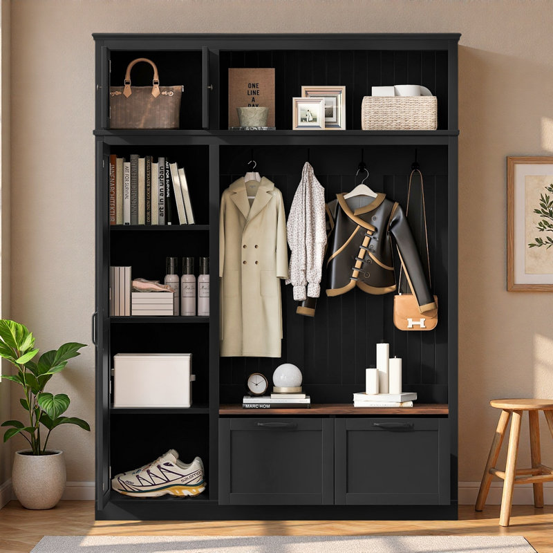 3-in-1 Hall Tree With Top Storage Cabinet, Open Storage, 3 Adjustable Side Shelves, 4 Heavy-duty Hooks, 2 Spacious Drawers And Seat Bench