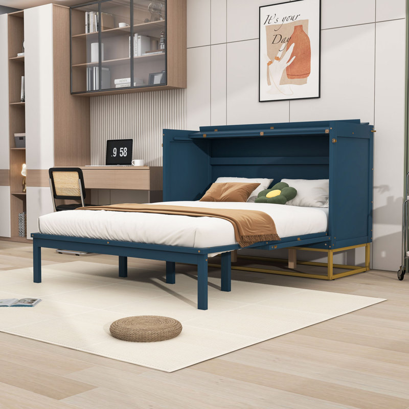 Grand lit escamotable avec pieds en fer, peut se transformer en armoire, Bleu