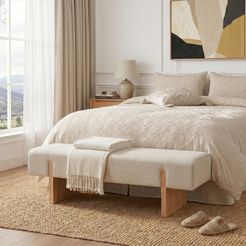 Chamille 55″ Mid-Century Modern Upholstered Bedroom Bench with Solid Wood Legs, Beige, Natural
