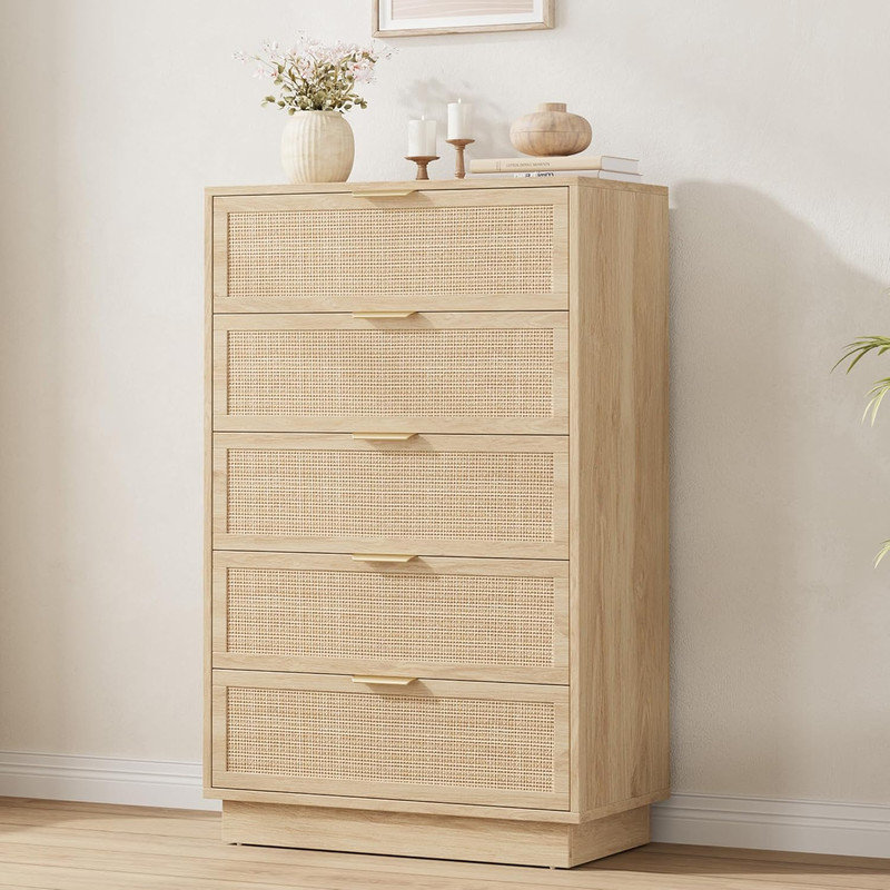 5 Drawer Rattan Dresser for Bedroom, Wooden Chest with Integrated Legs for Hallway & Entryway, Beige
