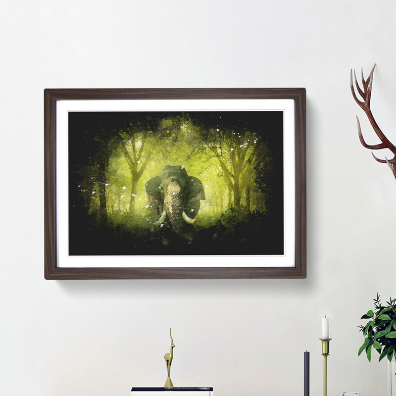Marvellous Elephant In A Green Forest - Single Picture Frame Painting on MDF, Walnut Framed, 24cm H x 33cm W x 2cm D