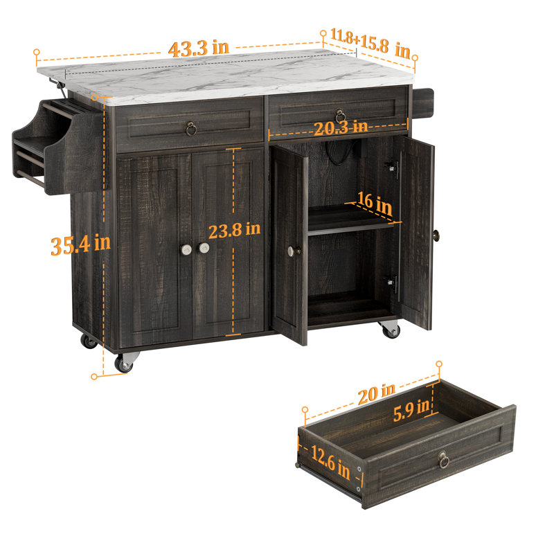 Farmhouse Kitchen Island Cart With Power Outlet & Foldable Tabletop, Portable Rolling Kitchen Island With Locking Wheels, Spice Rack & Storage Cabinets