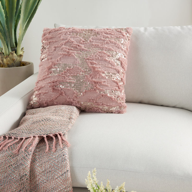 Blush Pink Faux Fur Sequins 20" Square Throw Pillow