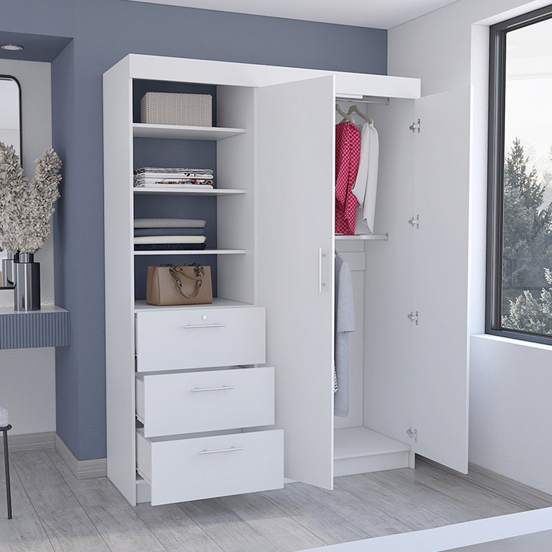 Kenya 3 Drawers Armoire, Double Door, 3-Tier Shelf -, White