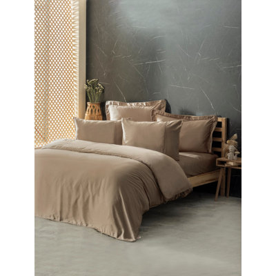 Luxurious Double Quilt Cover Set, Beige | 60% Lyocell / 40% Cotton, Duvet Cover 78.7 x 86.6, Flat Sheet 110.2 x 110.2, 4 Pillowcases 19.7 x 27.6 | Reactive Printing, Machine Washable, Elegant & Comfortable Design
