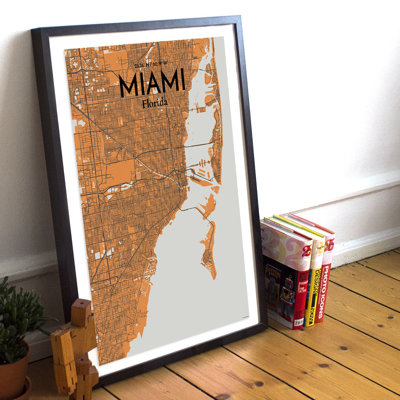 « miami city map », reproduction d’impression sur affiche orange