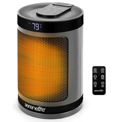 SereneLife Portable Space Heater – 1500W PTC Ceramic Electric Heater with Thermostat, Remote, 12-Hour Timer, 3 Heating Modes, Oscillation, Safe & Quiet for Home, Office, Bedroom (Gray)