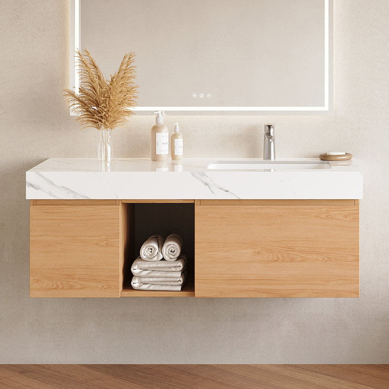 Meuble-lavabo 48 po en noyer clair avec lavabo, meuble-lavabo simple en bois brun moderne avec rangement, meuble de salle de bain de conception minimaliste avec drain