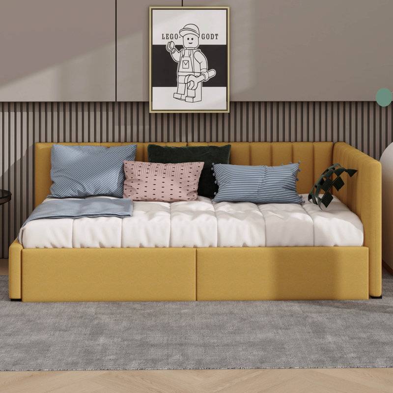 Twin-Size Upholstered Daybed With Two Built-In Drawers, Yellow