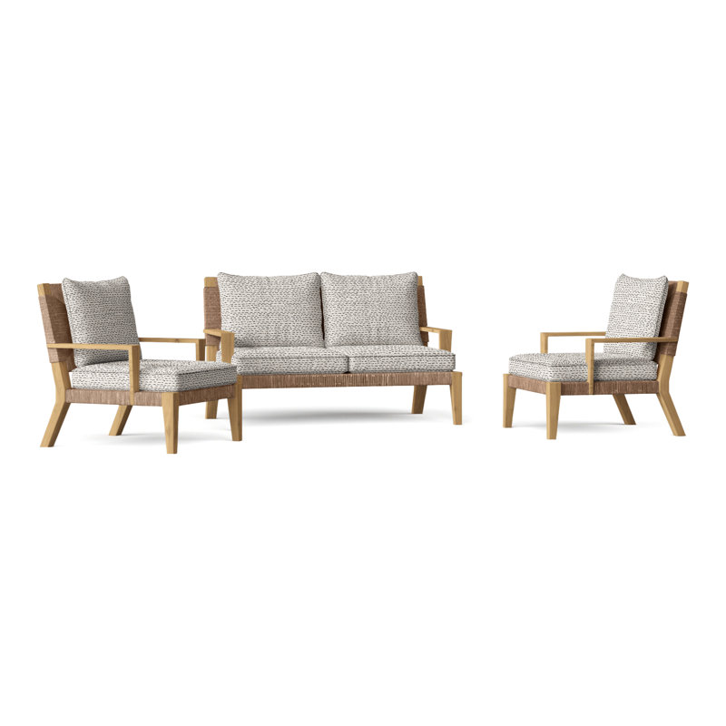 Hadley Outdoor 3 - Piece Teak Conversation Set, Perigold Arigato Balsamic, Hadley Hemp