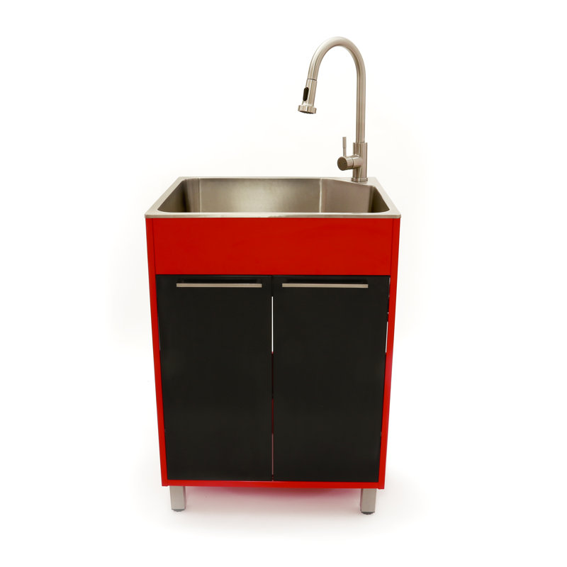 All-In-One 24.1" L x 21.3" W Free Standing Laundry Sink with Faucet, Black/Red