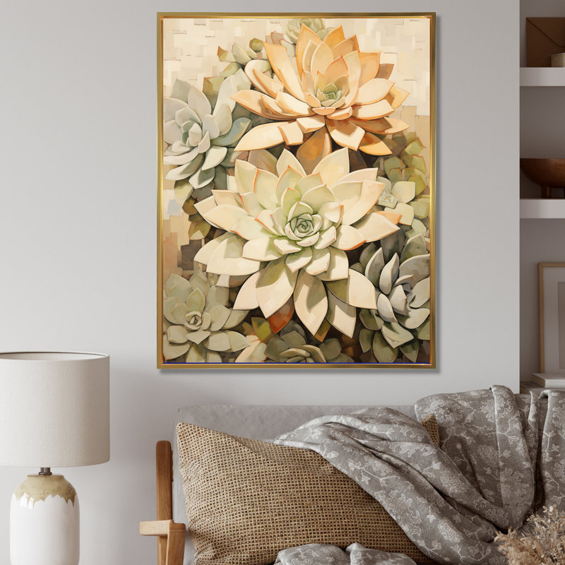 Beige plante grasse douce V, H 40 po x l 30 po x P 1,5 po, Cadre flottant doré