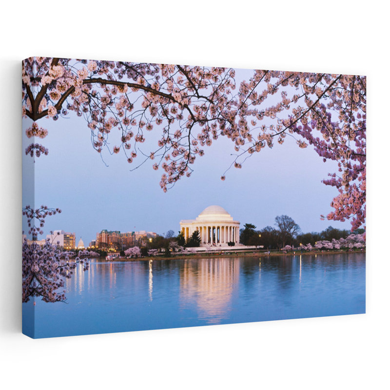 Arbre à fleurs de cerisier avec un monument commémoratif à Jefferson Washington DC, H 16 po x l 24 po