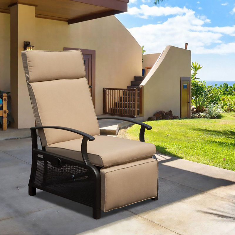 Chaise longue d'extérieur réglable en métal pour fauteuil inclinable avec dossier rabattable, angle réglable, coussins amovibles, support 350 lb