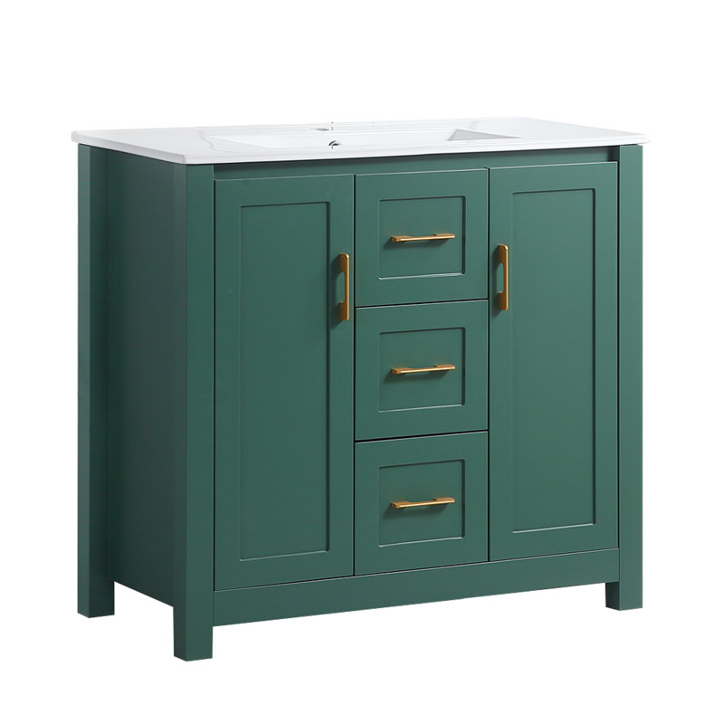 Élégant meuble-lavabo vert de 36 pouces avec lavabo en céramique et rangement multifonctionnel