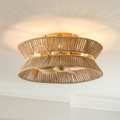 18" Boho Brown Rope Caged Flush Mount Ceiling Fan with Light and Remote, Low Profile Bladeless Chandelier Ceiling Fan