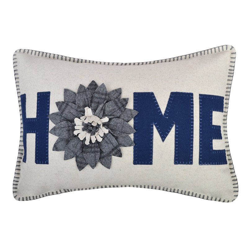 Housse de coussin décoratif fait à la main à motif floral 3D, 14 po x 20 po, Bleu marine - Laine