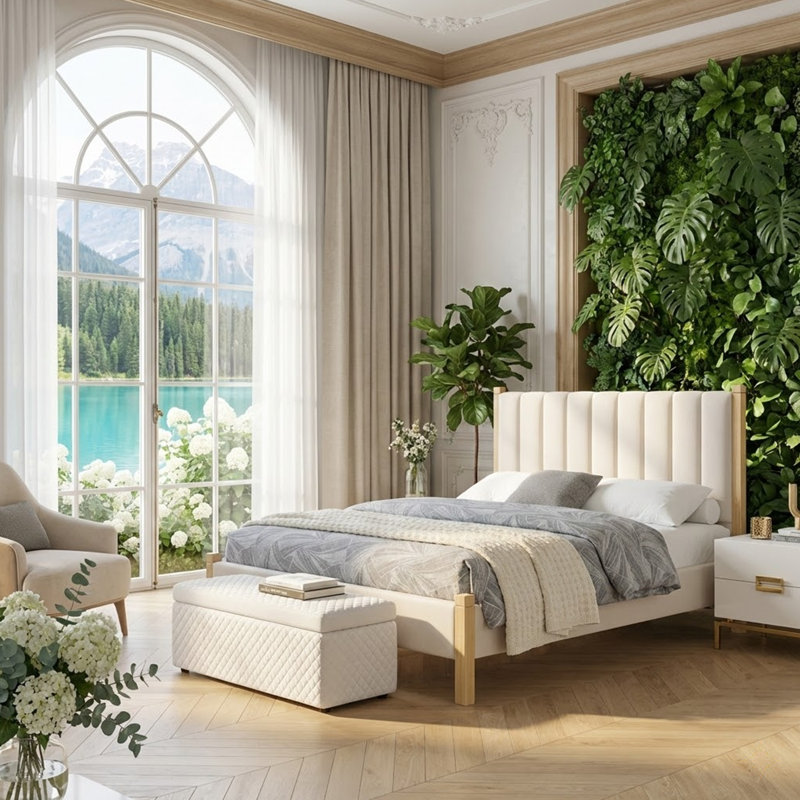 Linen Piano Key Headboard Queen Bed Frame With Solid Wood Legs, No Box Spring Needed, Beige, Beige, Queen