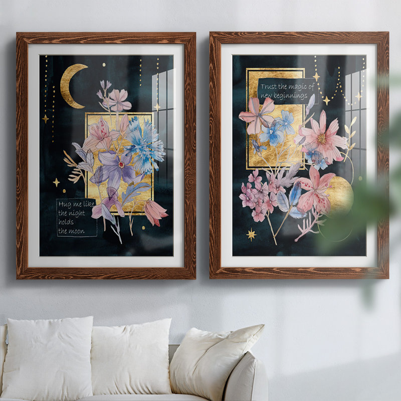 " Moonlight Flowers III " 2 Piece Art Graphic Art Print, 31.5" H x 88" W x 1.5" D, Maple