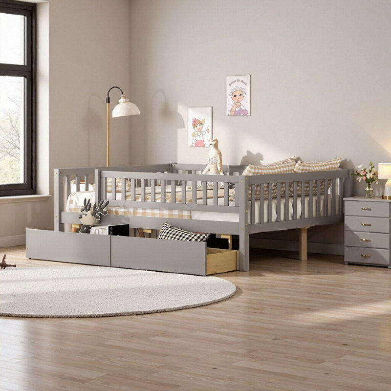 Lit de jour simple gris avec tiroirs de rangement - Structure en bois massif, conception peu encombrante, Gris, Lit simple