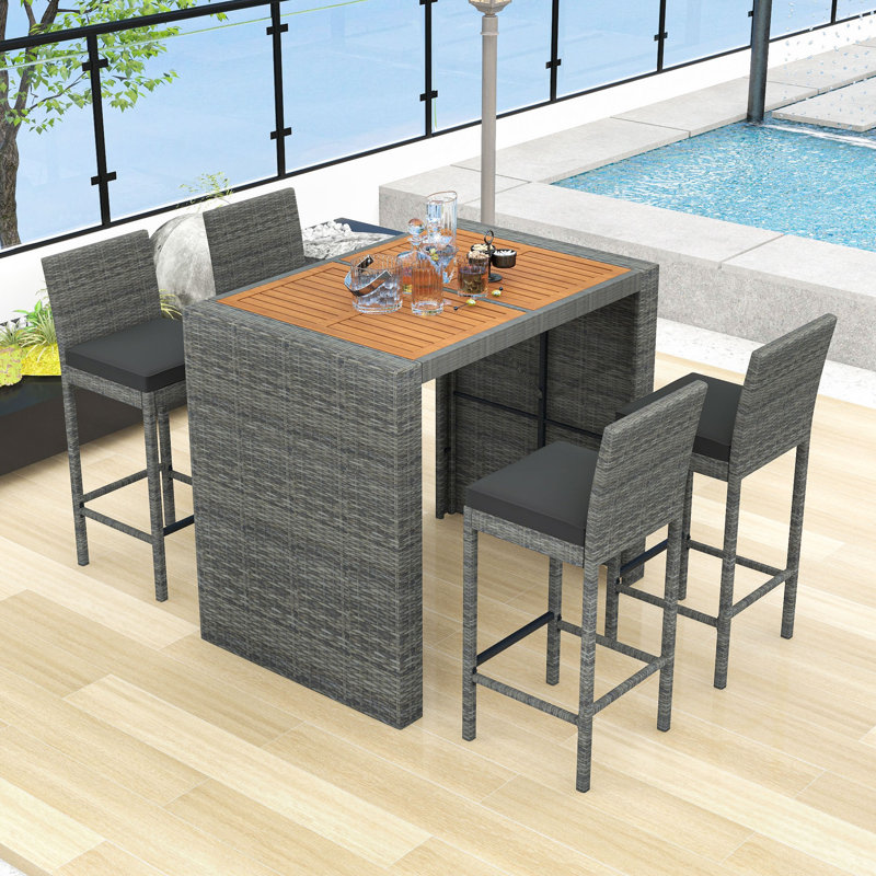 Outdoor 5Pcs PE Wicker Bar Set, Including 4 Bar Height Chairs with Cushions and Acacia Wood Table